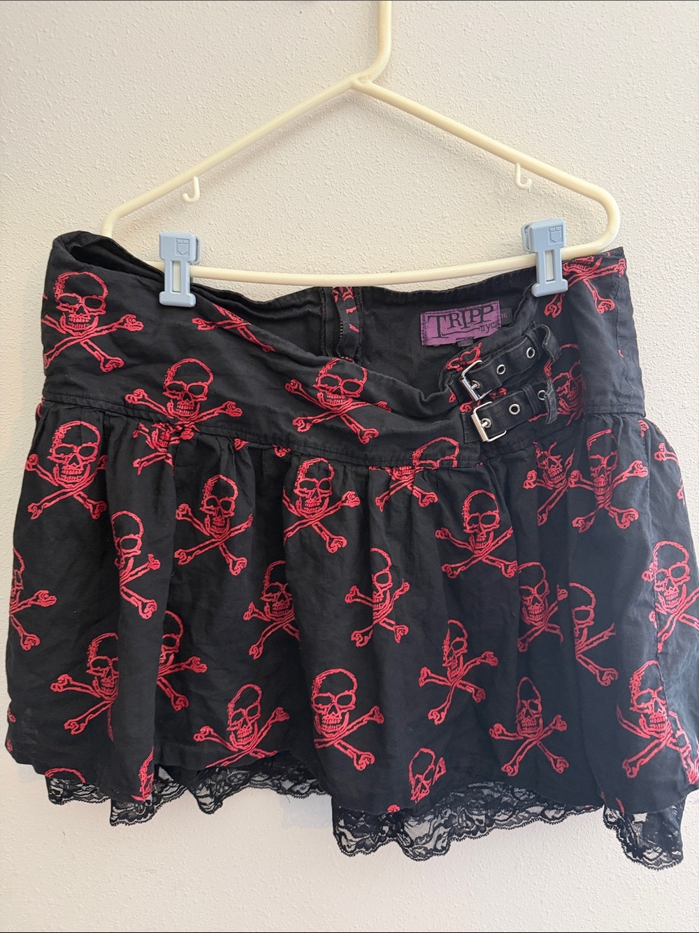 Vintage y2k Tripp nyc Black Skater Skirt with Red Skull Print and Lace Hem